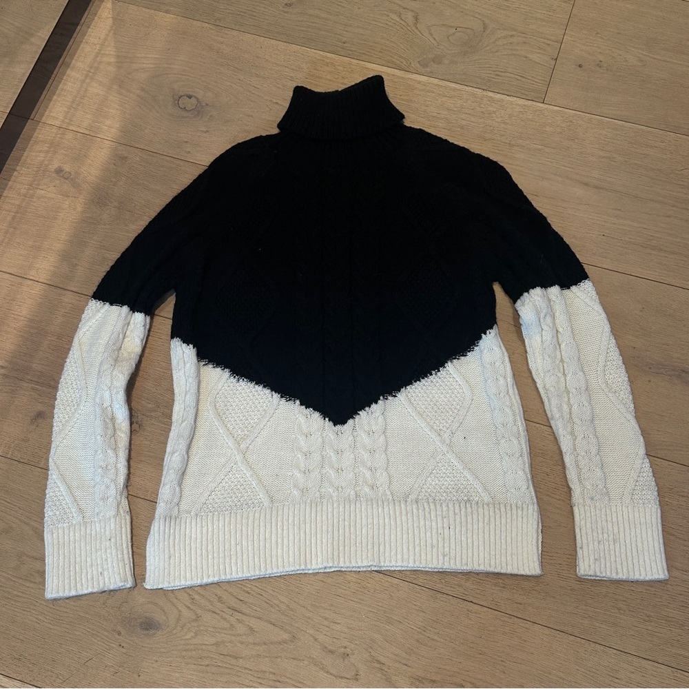 Black and Cream Cable Knit Turtleneck Sweater